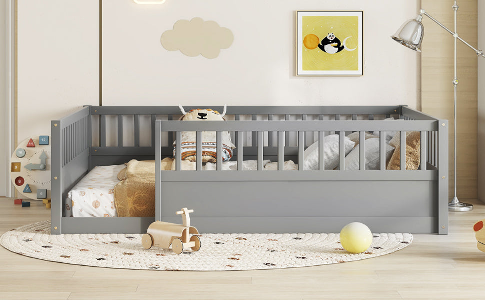 Full Floor Bed Frame with Fence, Montessori wooden children's floor bed,Wood Kids Floor Beds Frame for Bedroom Playroom,Gray