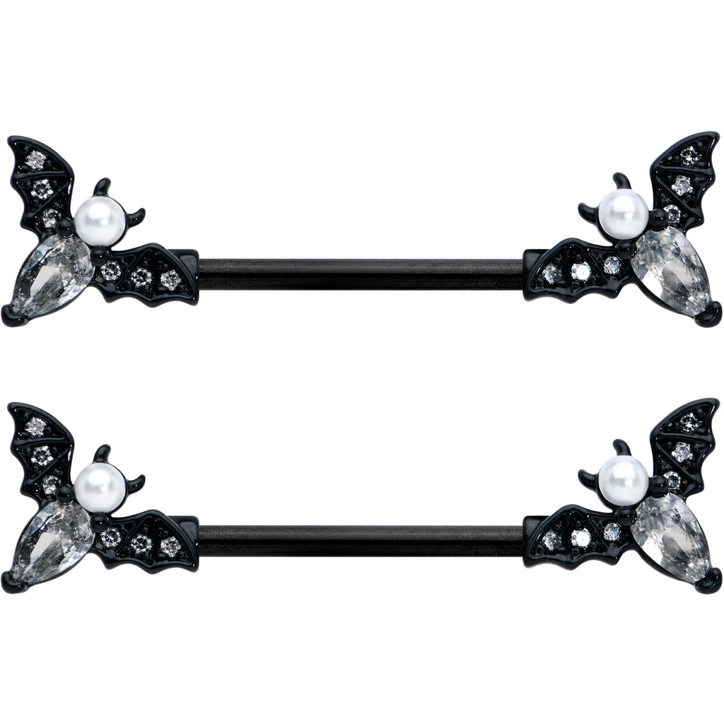 14G 5/8 Clear Gem Black Flying Bats Halloween Nipple Ring Set