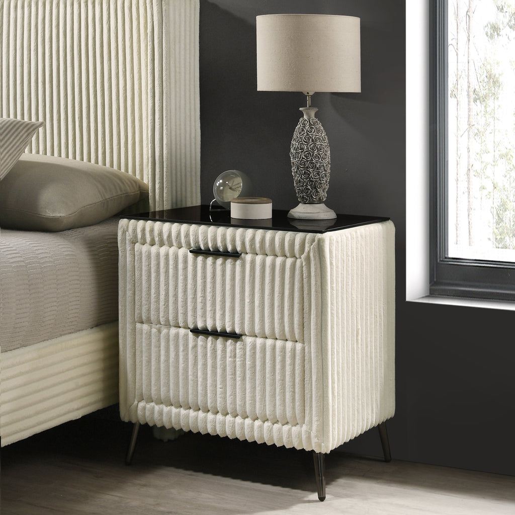 Mavela Wide Wale Corduroy Upholstery Panel King Bed with 2 Nightstands, Cream