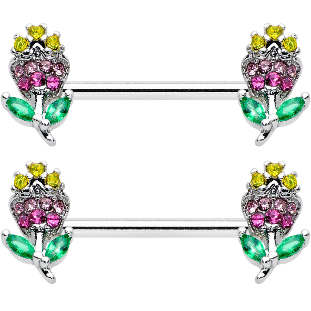 14G 9/16 Green Pink Gem Mardi Gras Flower Barbell Nipple Ring Set