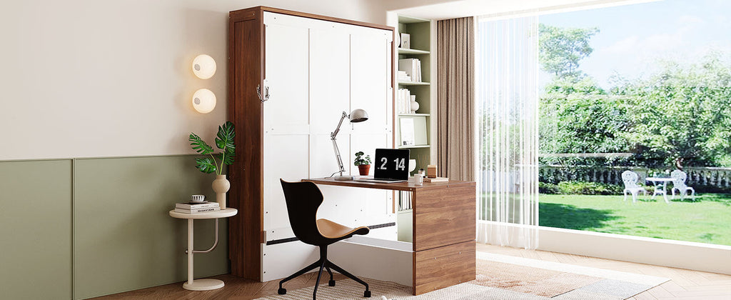 Full Size Murphy Bed with Foldable Desk – Space Saving Wall Bed - Walnut & White
