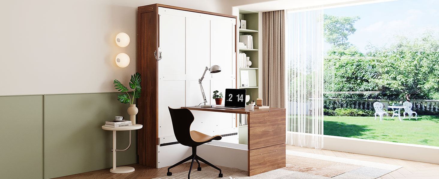 Full Size Murphy Bed with Foldable Desk – Space Saving Wall Bed - Walnut & White