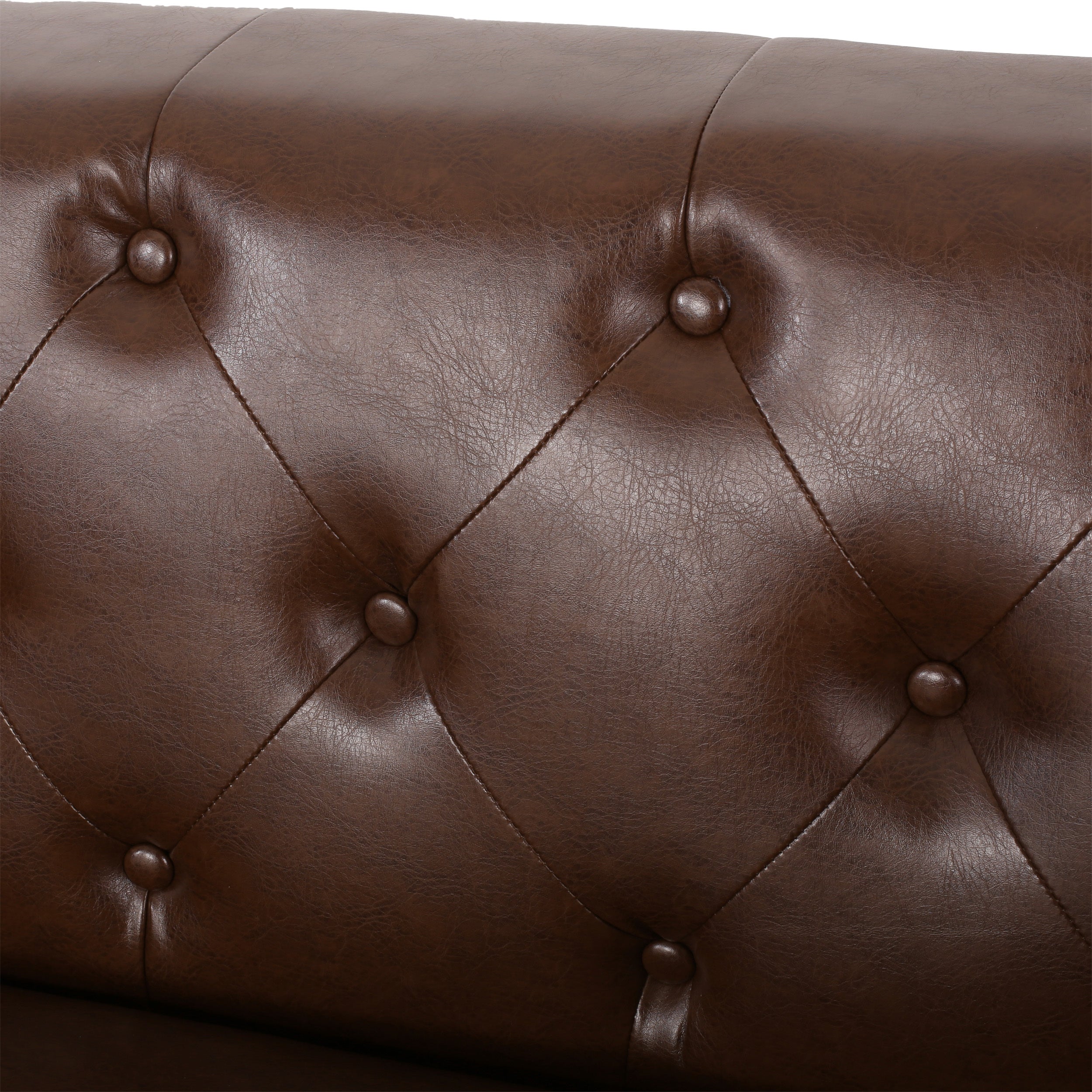 Contemporary 3-Seater Sofa with Tufted Diamond Stitch and Rolled Accent Pillows in Dark Brown PU