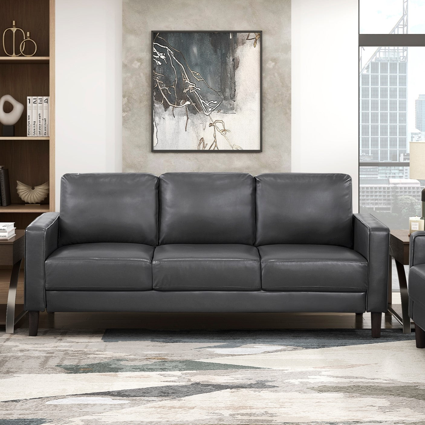 Modern Living Room Furniture 3pc Set Sofa Loveseat Chair Dark Gray Faux Leather Upholstered Cushion Back Seat Solid Wood