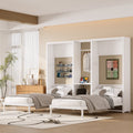 Twin and Twin Murphy Bed, Metal Foldable Murphy Bed with Wardrobe, Shelves and Power Outlets, 2 in 1 Design, Space-saving, White