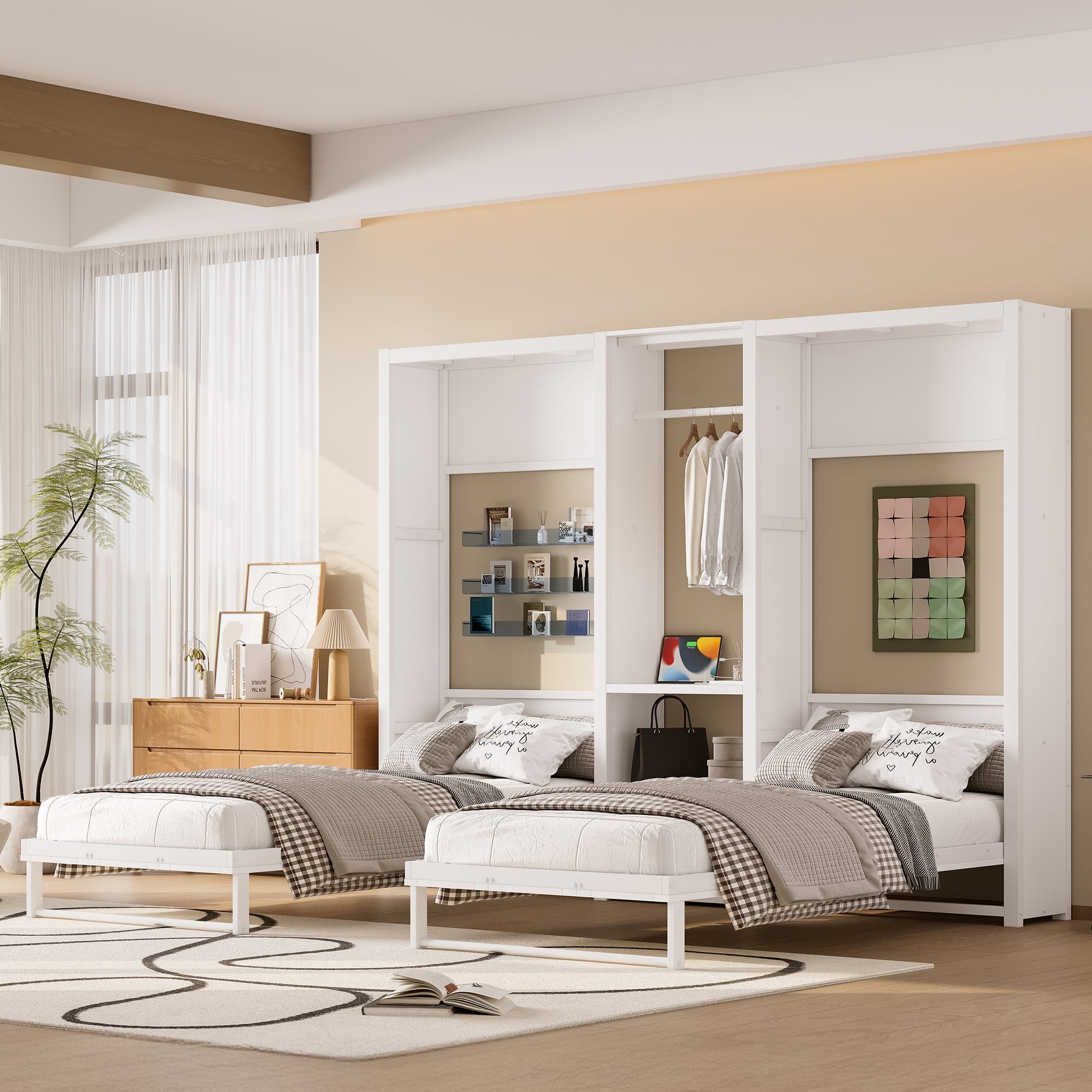 Twin and Twin Murphy Bed, Metal Foldable Murphy Bed with Wardrobe, Shelves and Power Outlets, 2 in 1 Design, Space-saving, White