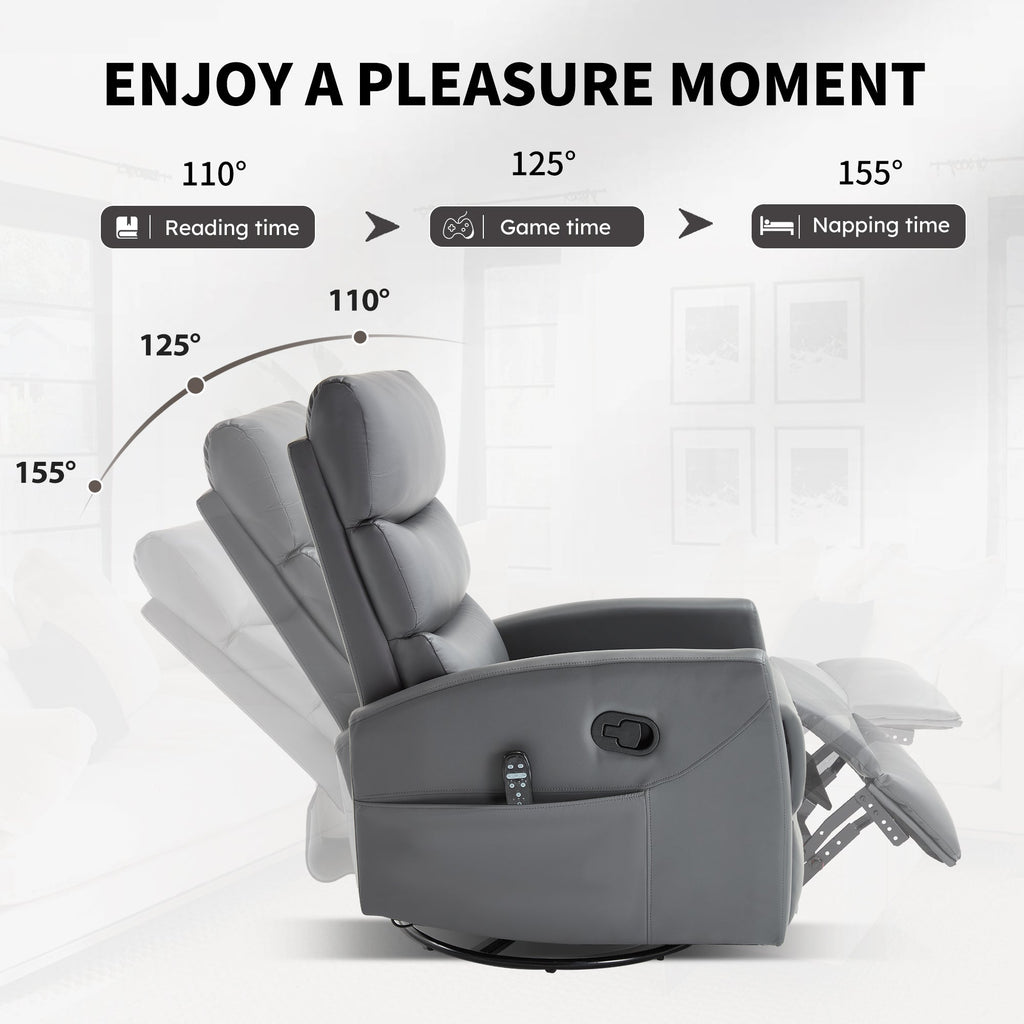Heat Massage Manual Recliner Chair with Rocker and Swivel in Fabric for Living Room, Grey
