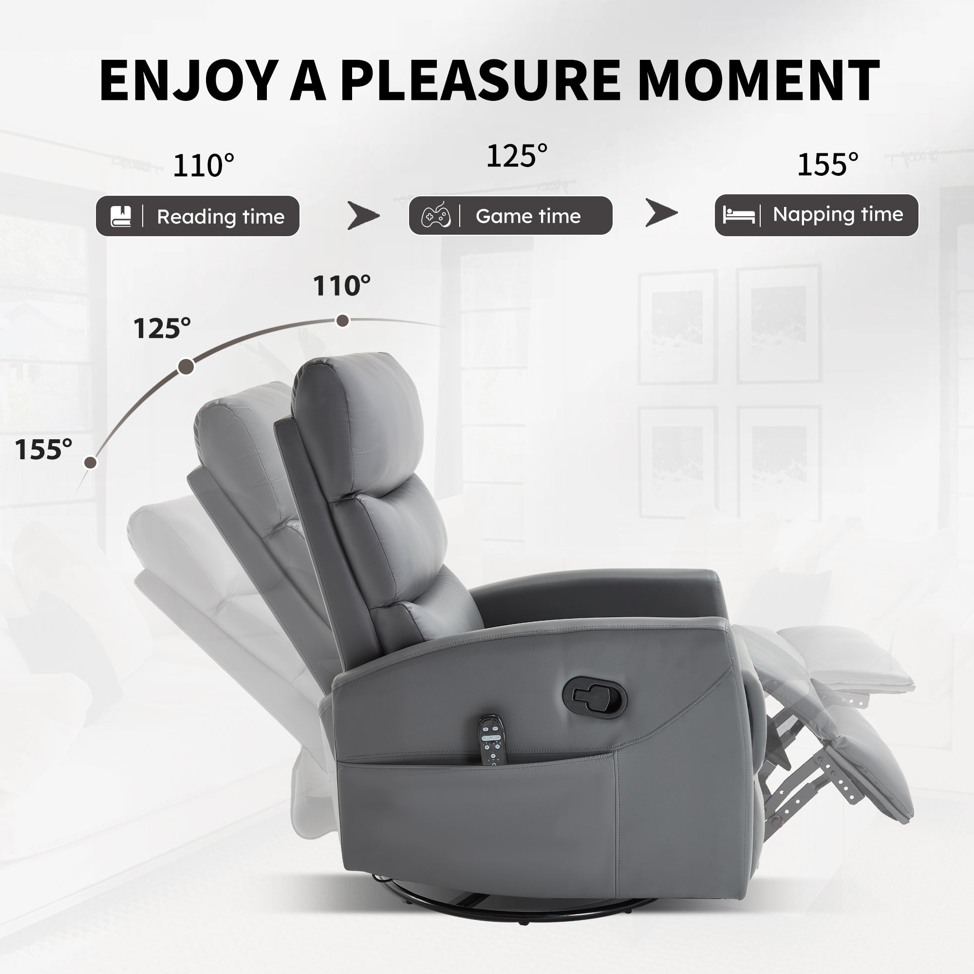 Heat Massage Manual Recliner Chair with Rocker and Swivel in Fabric for Living Room, Grey