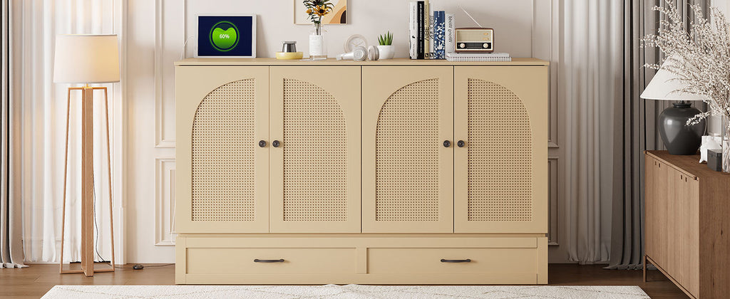 Queen Size Murphy Bed with Large Drawers, Gold