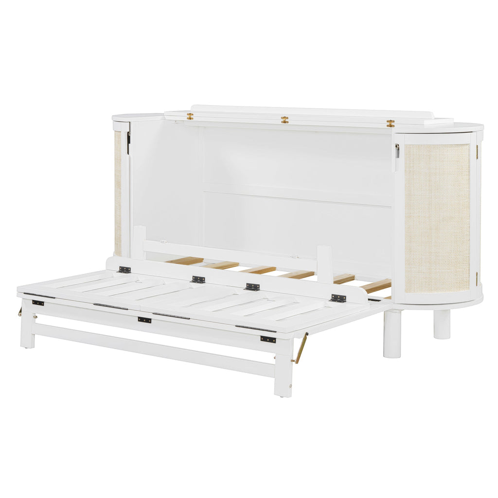 Queen Murphy Bed with Hidden Storage & Modern Woven Design,White