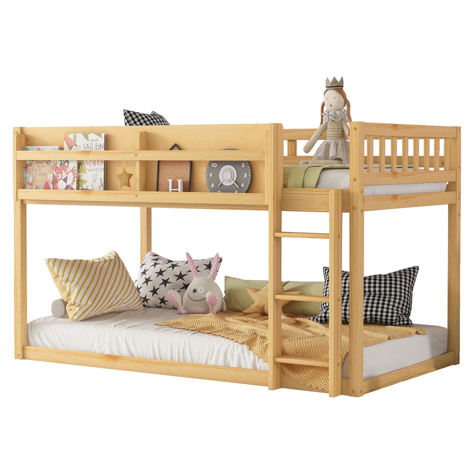 Low Twin Over Twin Bunk Bed, Floor Bunk Bed with Ladder, Solid Wood Twin Bunk Bed for Kids & Juniors, Natural(Expect Arrival Date 2025/11/25)
