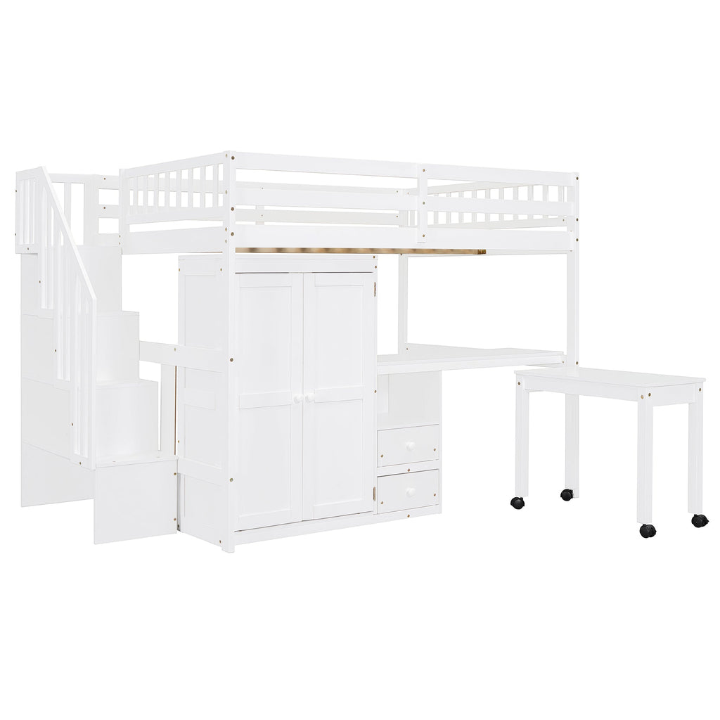 Full Size Loft Bed with Stairs, Bookshelf, Drawers, Desk & Wardrobe – Space-Saving Multifunctional Furniture for Kids & Teens-White