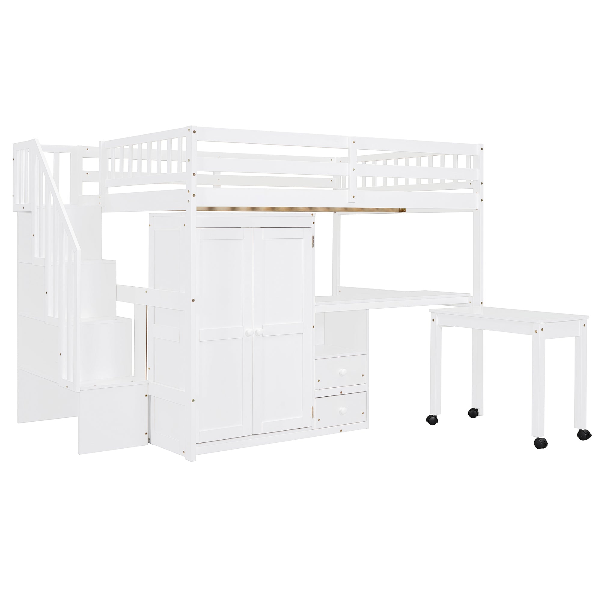 Full Size Loft Bed with Stairs, Bookshelf, Drawers, Desk & Wardrobe – Space-Saving Multifunctional Furniture for Kids & Teens-White