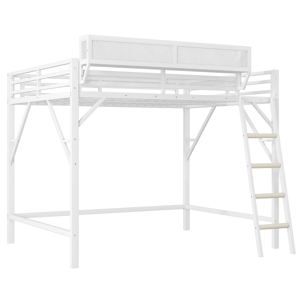 Queen Size Loft Bed with Ladder, Metal Queen Loft Bed with Storage Shelves, High Loft Bed for Kids Teens, White(Expect Arrival Date 2025/12/3  Old SKU W2580P351278)