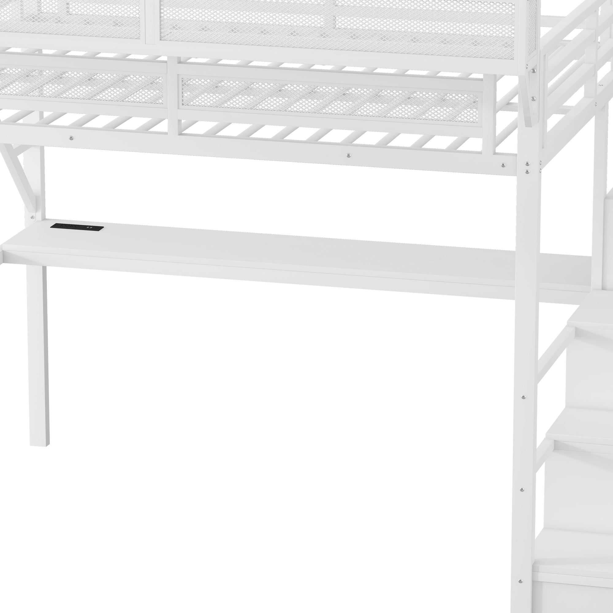 Queen Loft Bed with Desk and Charging Station, Queen Size Metal Loft Bed with Stairs and Light for Kids Teens,White(Old SKU W2580S00033)