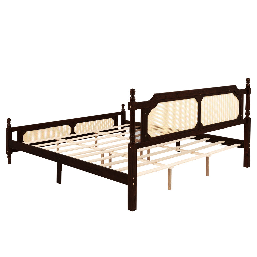 King Pine wooden Bed with Rattan Headboard  and Footboard, with  Central Enhanced Bed Platform ,Espresso