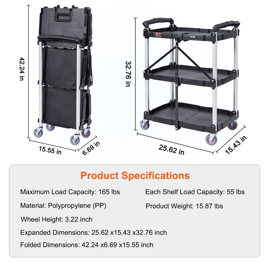 Foldable Utility Service Cart, 3 Shelf 165LBS Heavy Duty Plastic Rolling Cart with Lockable Wheels, Ergonomic Handle, Portable Garage Tool Cart for Warehouse/Office/Home(25.62'x15.43'x32.76')