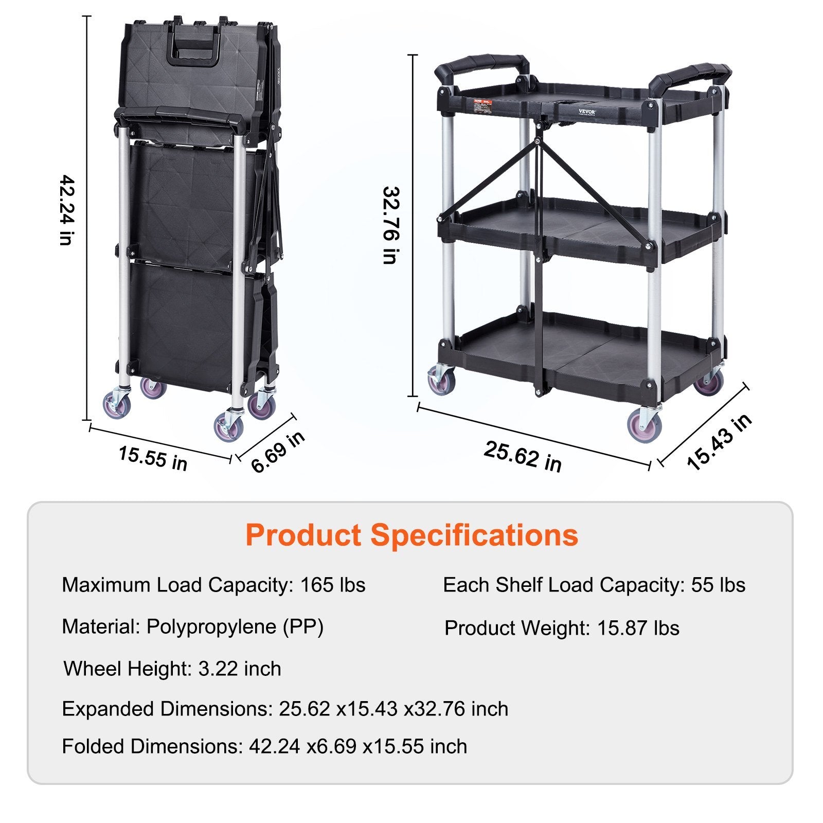 Foldable Utility Service Cart, 3 Shelf 165LBS Heavy Duty Plastic Rolling Cart with Lockable Wheels, Ergonomic Handle, Portable Garage Tool Cart for Warehouse/Office/Home(25.62'x15.43'x32.76')