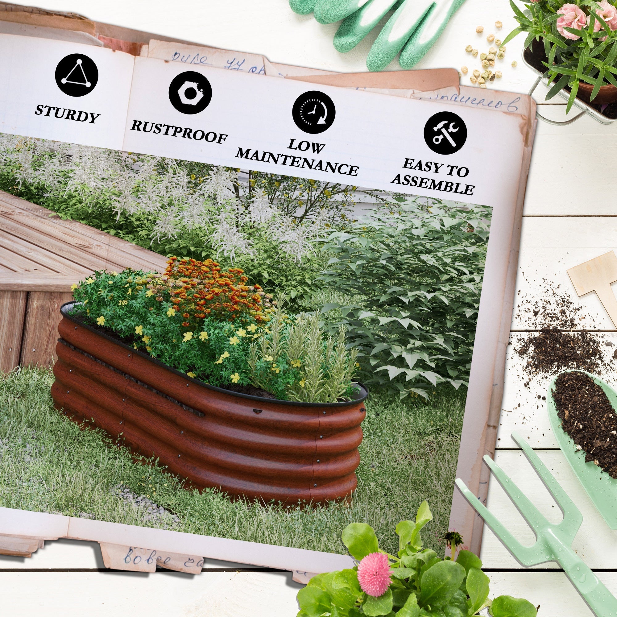 Outsunny 5' x 2' x 1.4' Galvanized Raised Garden Bed Kit, Outdoor Metal Elevated Planter Box with Safety Edging, Easy DIY Stock Tank for Growing Flowers, Herbs & Vegetables, Brown