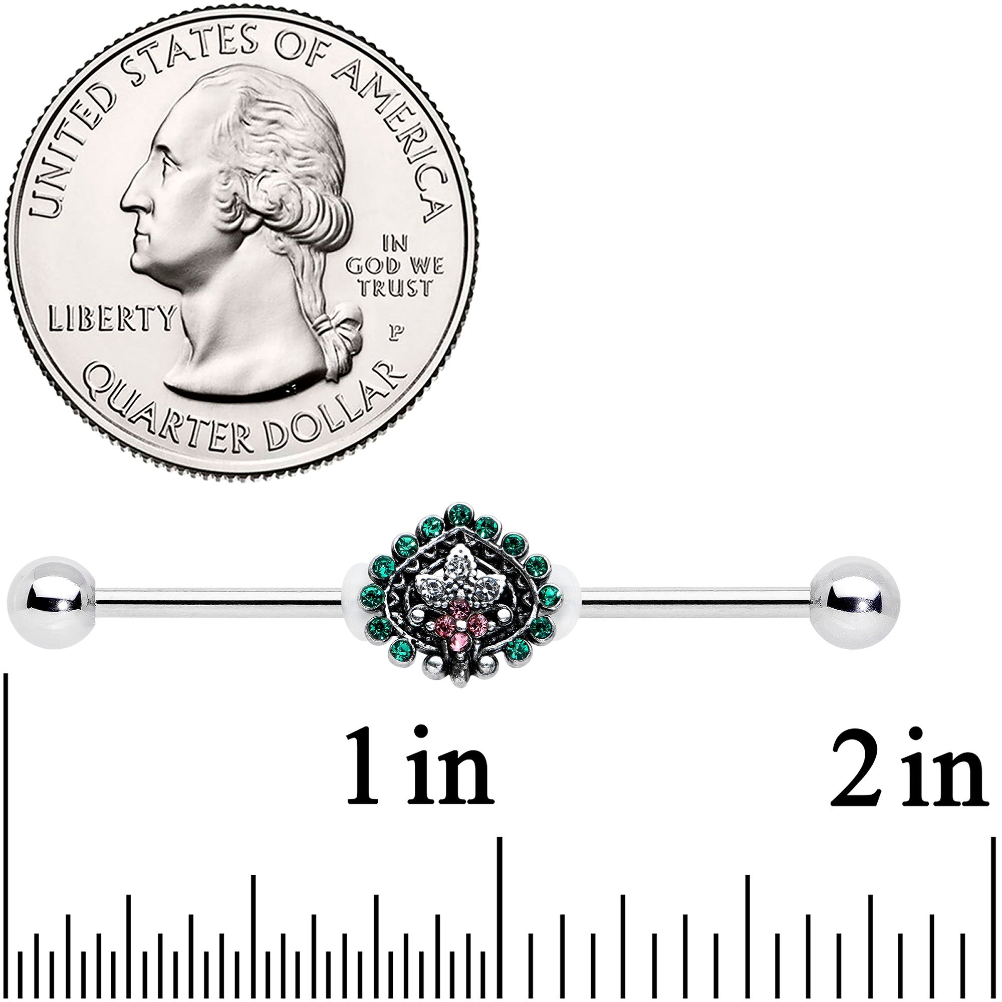 14G Pink Green Gem Stylized Leaf Industrial Barbell 38mm