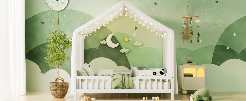 Montessori Floor Bed with Canopy, Full Bed Frame for Kids, House Shape Kids Bed Frame with High Railings, Wood Kids Bed with Roof, Kid Full Bed, White