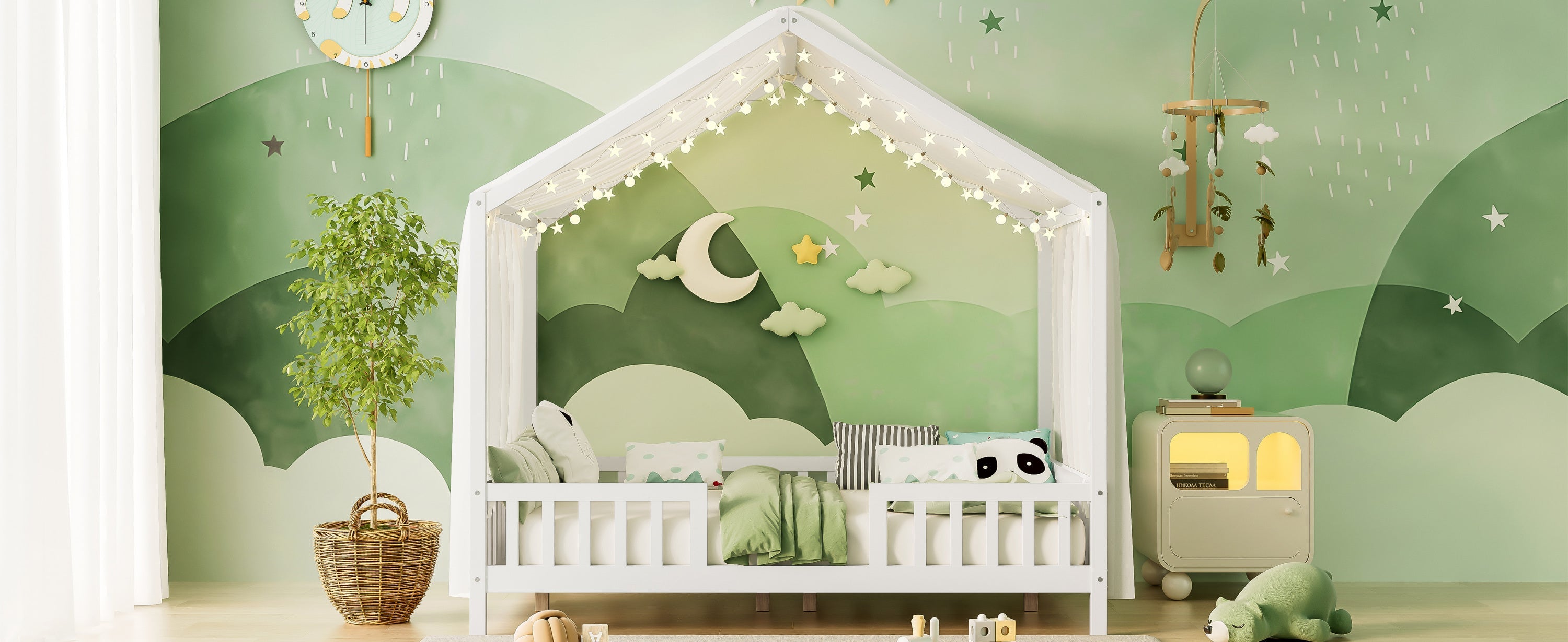 Montessori Floor Bed with Canopy, Full Bed Frame for Kids, House Shape Kids Bed Frame with High Railings, Wood Kids Bed with Roof, Kid Full Bed, White