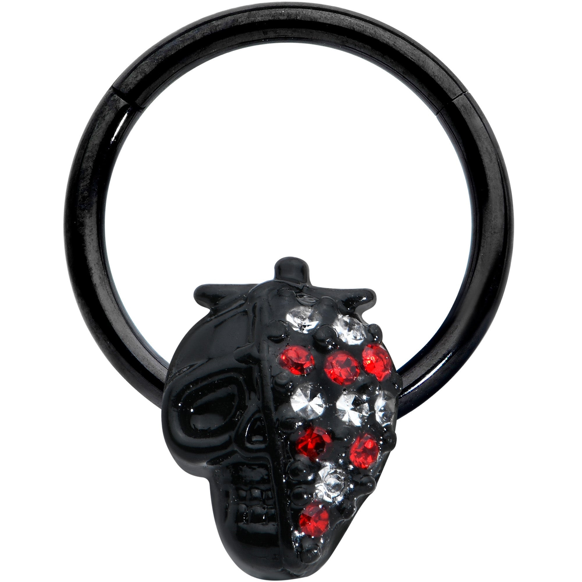 16G 3/8 Clear Red Gem Black Skull Halloween Hinged Segment Ring