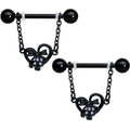 14G 9/16 Clear Gem Black Skull Bow Heart Dangle Nipple Ring Set