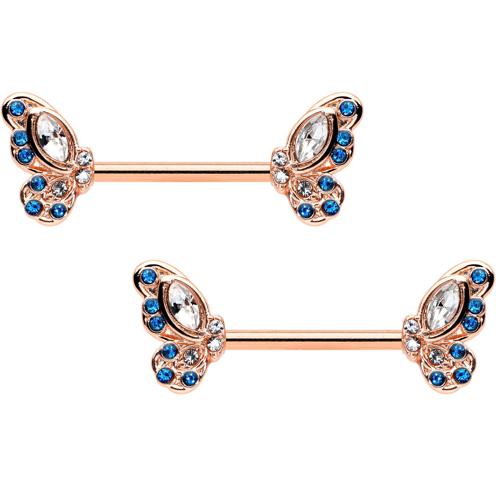 14G 9/16 Clear Blue Gem Rosy Tone Butterfly Wing Nipple Ring Set