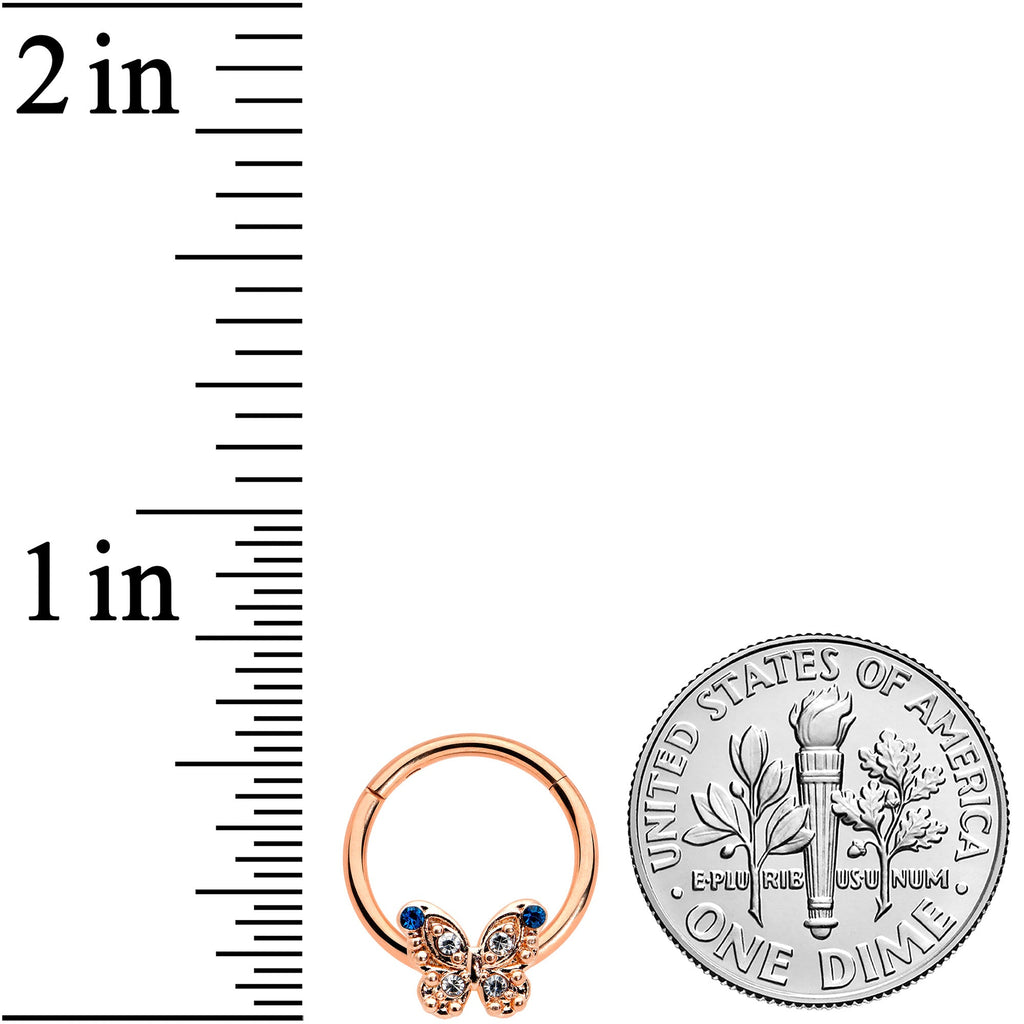 16G 3/8 Blue Gem Rose Gold Tone Butterfly Hinged Segment Ring