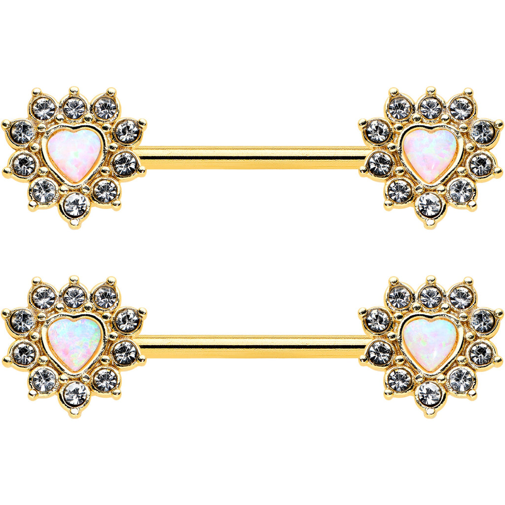 14G 9/16 White Synthetic Opal Gold Tone Sun Heart Nipple Ring Set