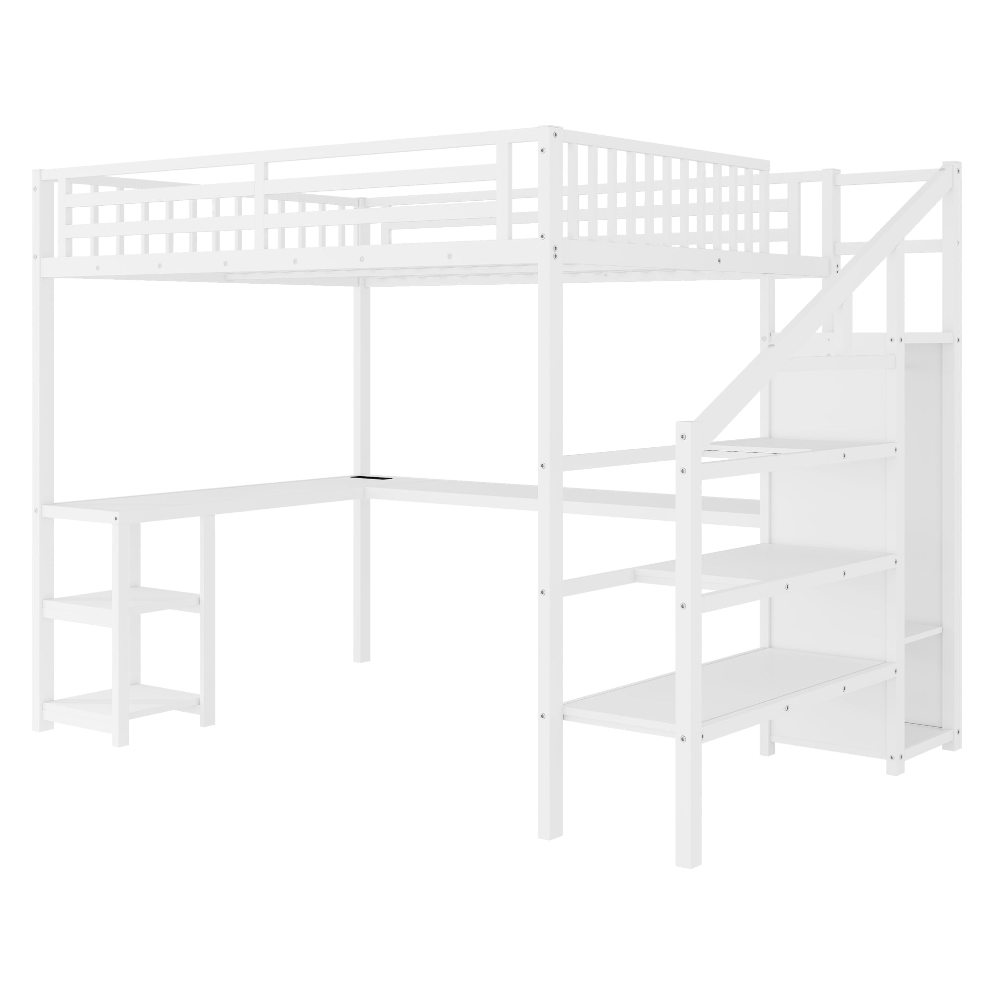 Metal Queen Loft Bed with Wardrobe and LED Light, Queen Size Loft Bed with L Shaped Desk and USB for Kids Teens Adults, White