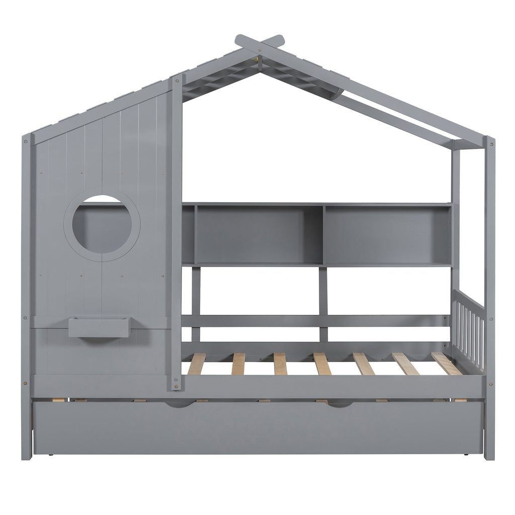 Wooden Twin Size House Bed With Trundle, Modern Design for Kids with Storage Shlef, Gray(old SKU HL000094AAE)