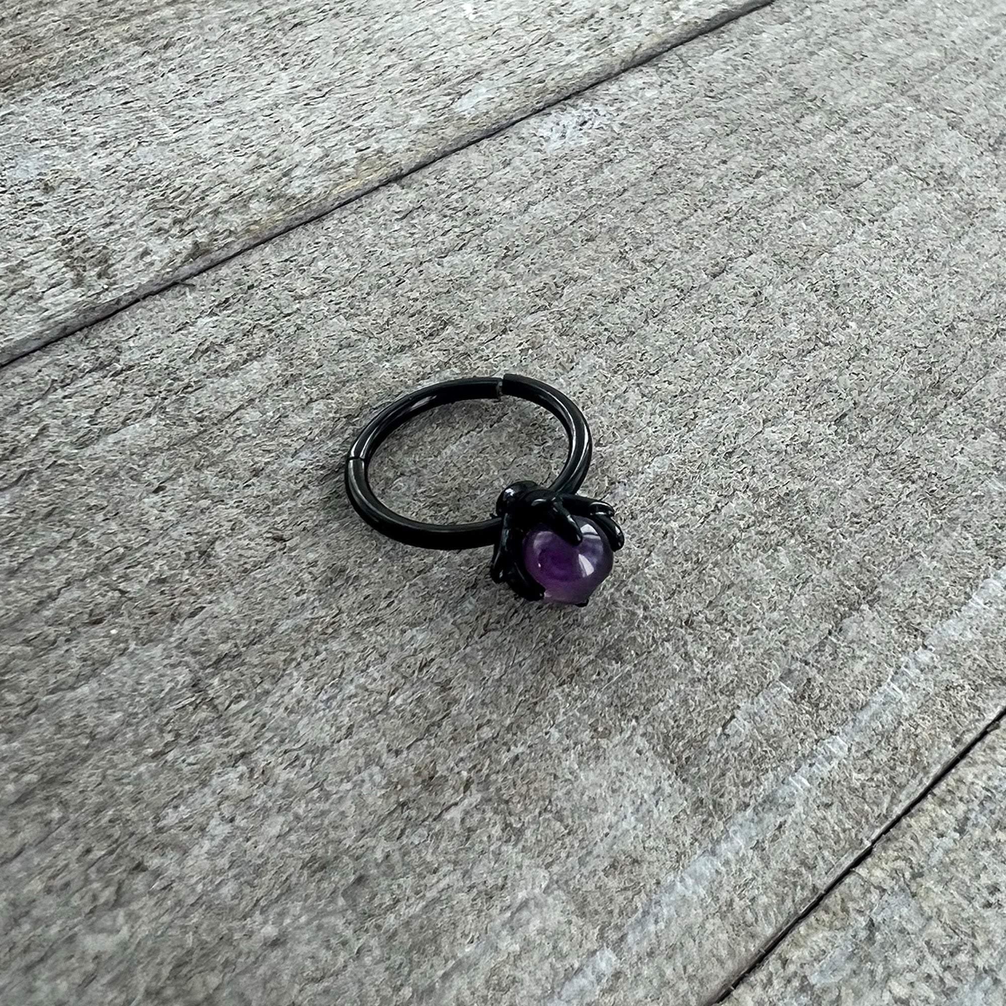 16G 3/8 Purple Amethyst Black Claw Hand Hinged Segment Ring