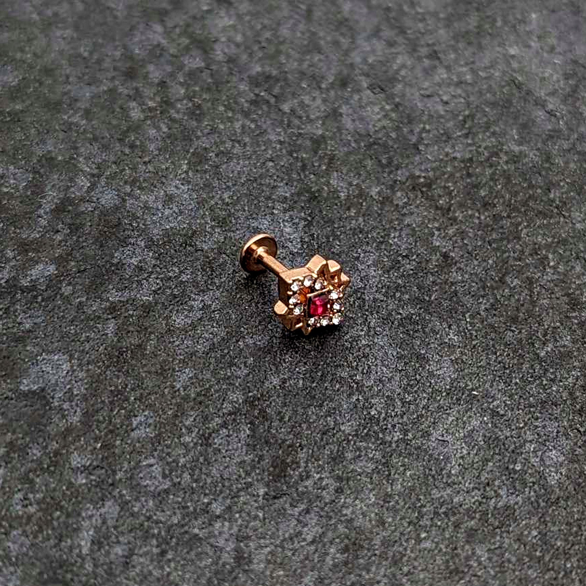 16G 1/4 Red Gem Rose Gold Tone Octogram Star Labret Monroe Tragus