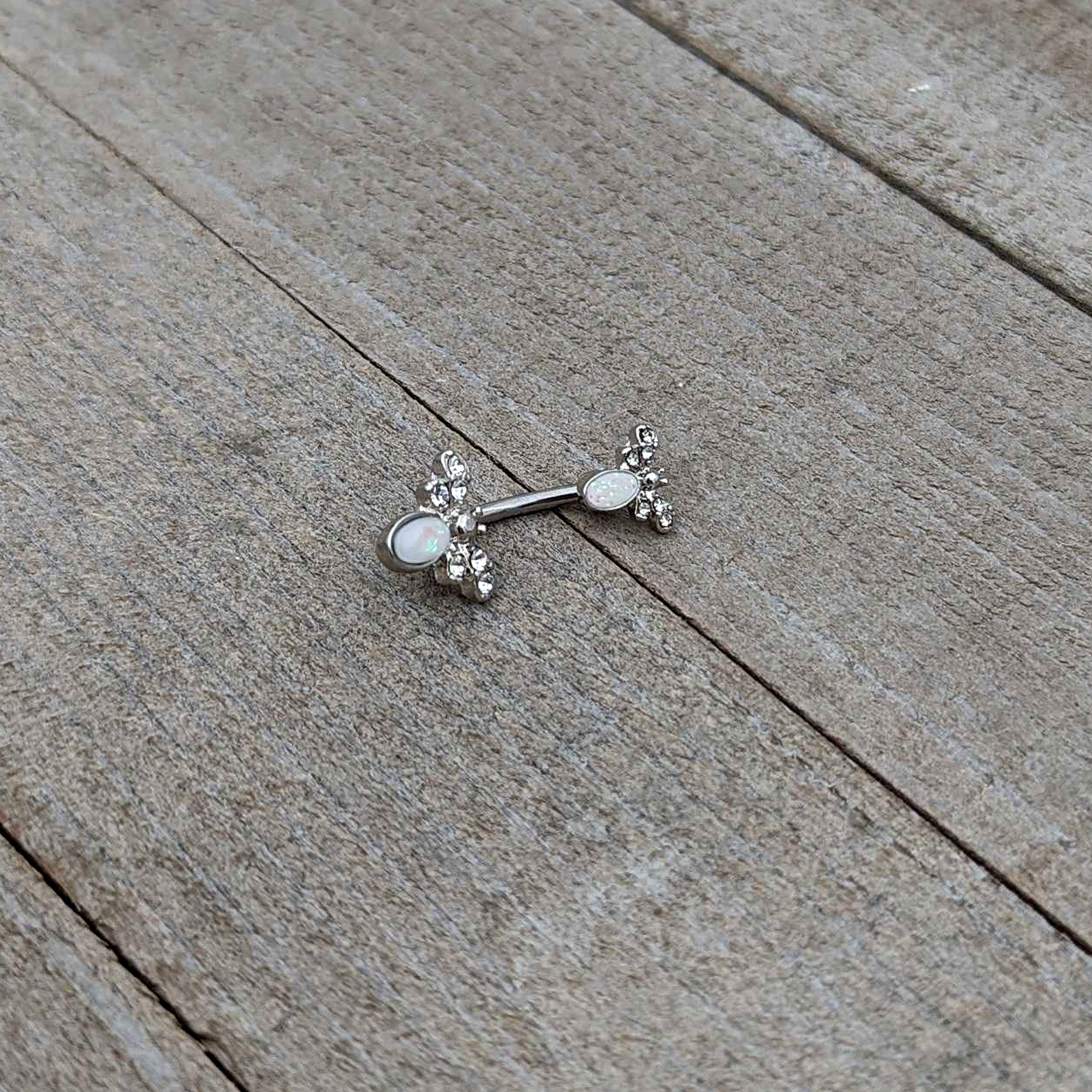 White Faux Opal Clear Gem Double Butterfly Double Mount Belly Ring