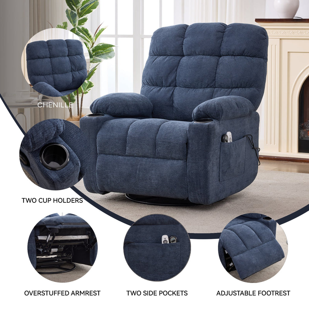 Heat Massage Manual Recliner Chair with Rocker and Swivel in Fabric for Living Room, Blue