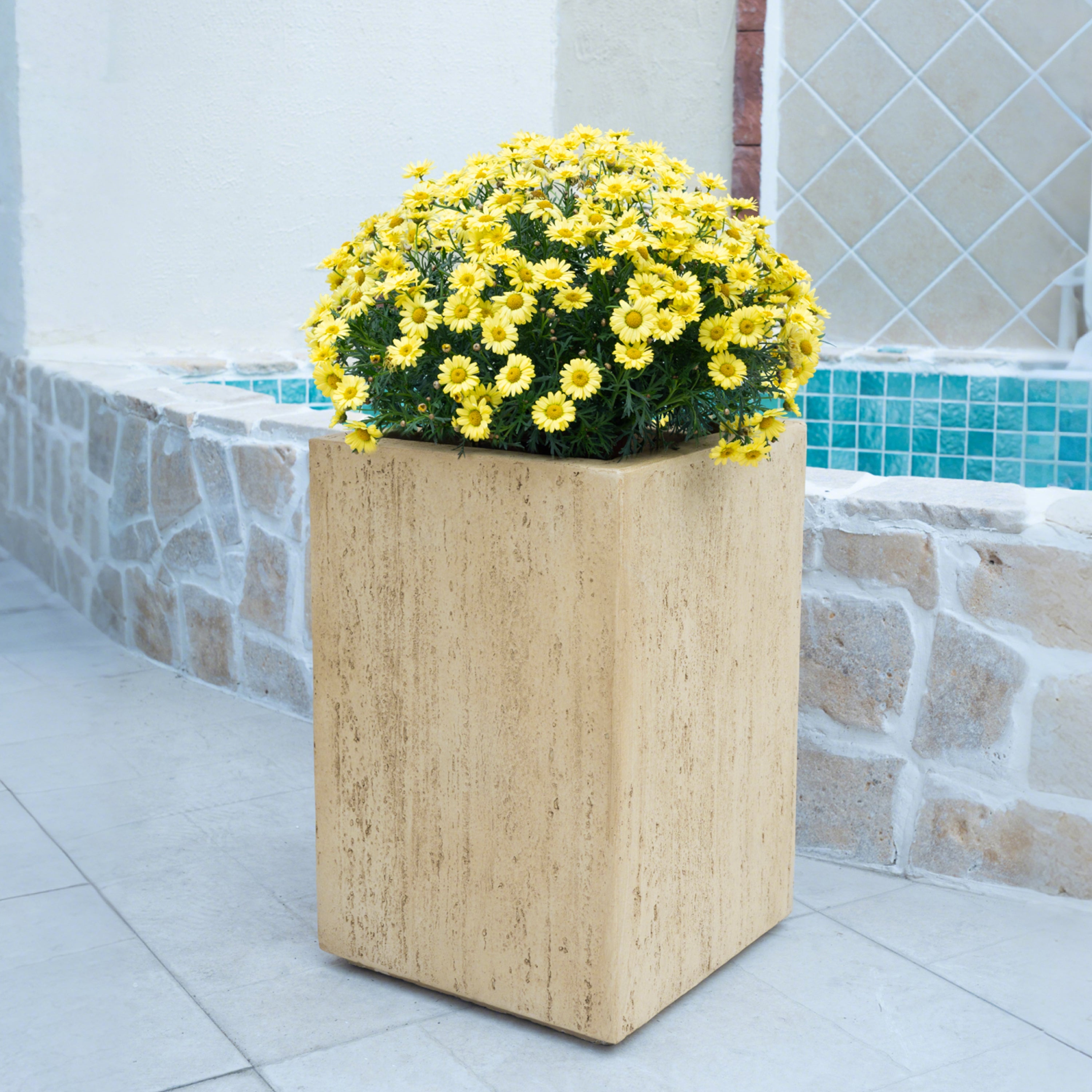 Handmade Travertine Planter Box, Antique Brown, Magnesium Oxide, 19.75'H