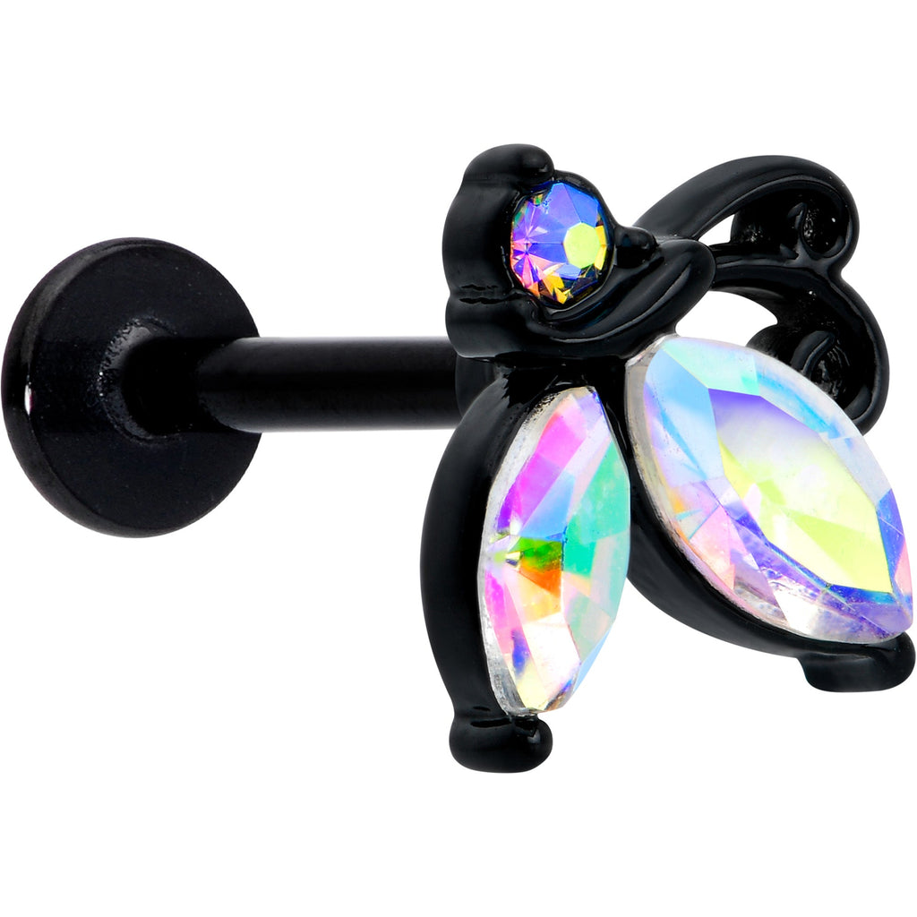 16G 5/16 Aurora CZ Gem Black Fleur de Lis Butterfly Labret Monroe Tragus