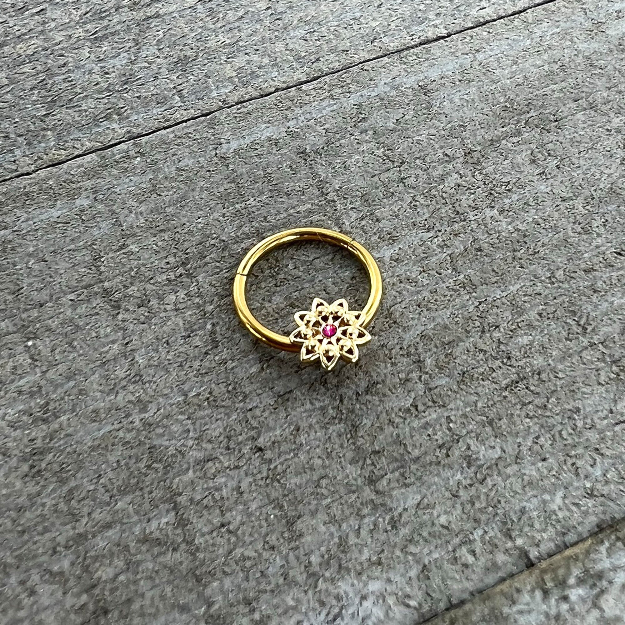16G 3/8 Pink Gem Gold Tone Starry Flower Hinged Segment Ring