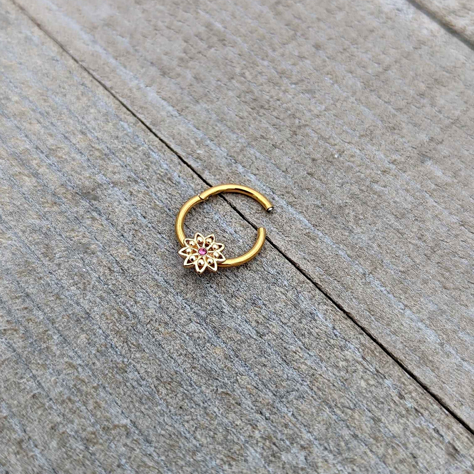 16G 3/8 Pink Gem Gold Tone Starry Flower Hinged Segment Ring