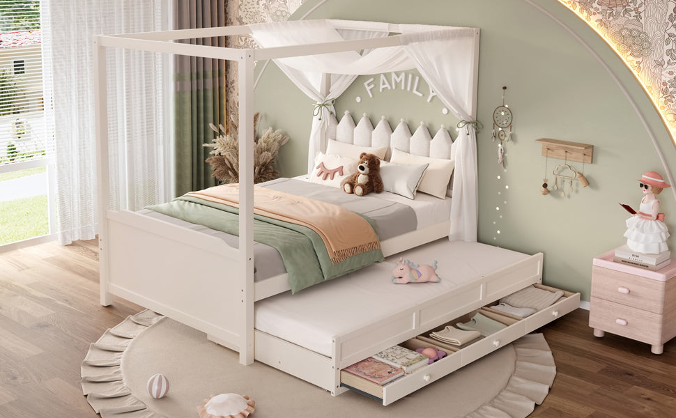 Full Platform Bed with Upholstered Headboard,Twin Size Trundle and 3 Drawers,Princess Canopy Bed Frame for Kids,Storage & Easy Assembly,Beige.