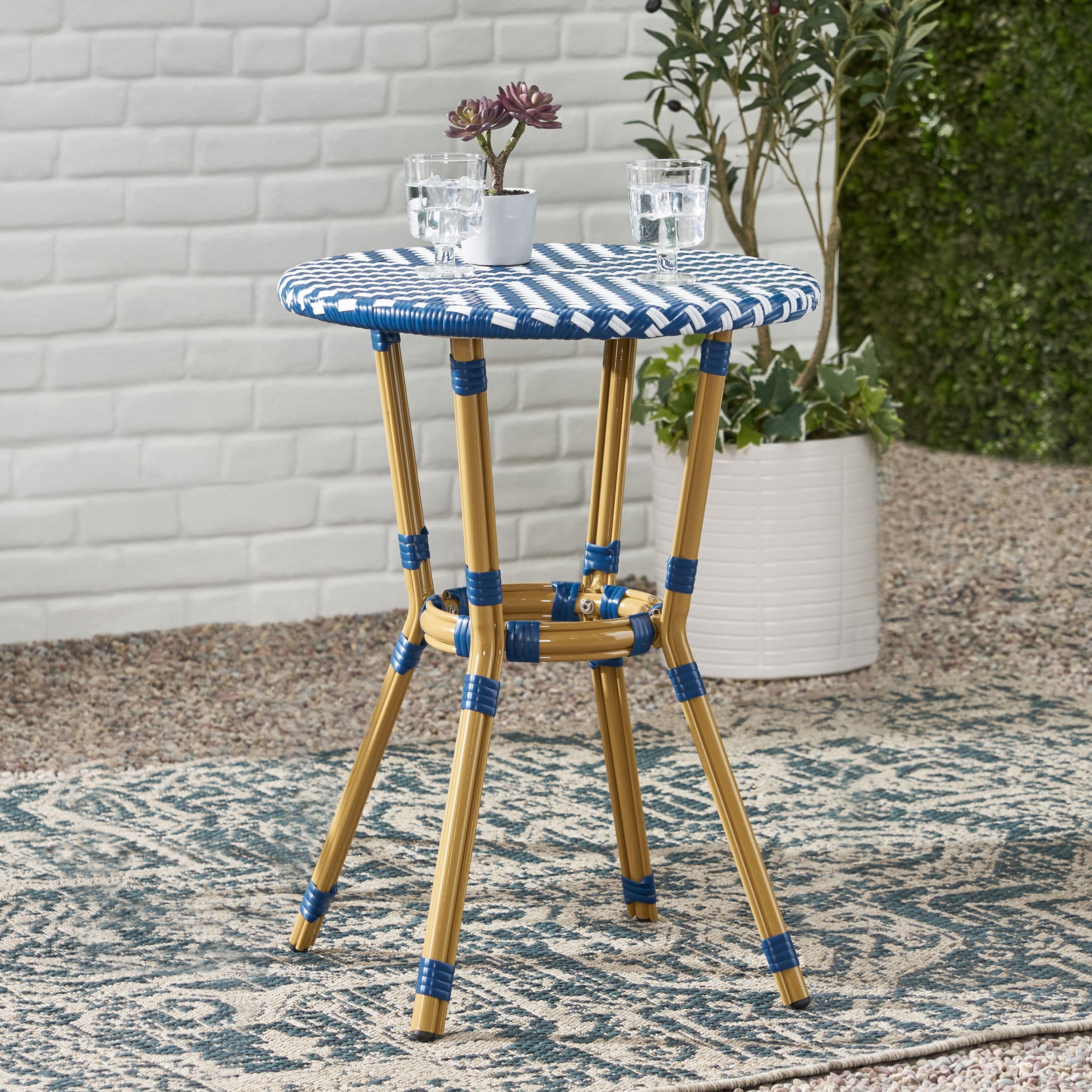 French Bistro Table Outdoor Elegance White+Blue Rattan 21.75x21.75x28.50 inches