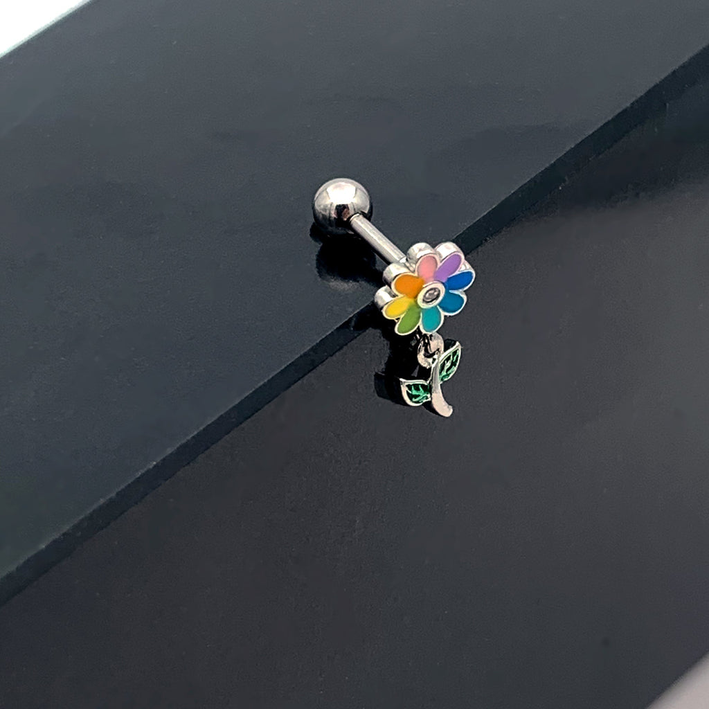 16G 1/4 Clear Gem Pride Rainbow Flower Dangle Cartilage Tragus