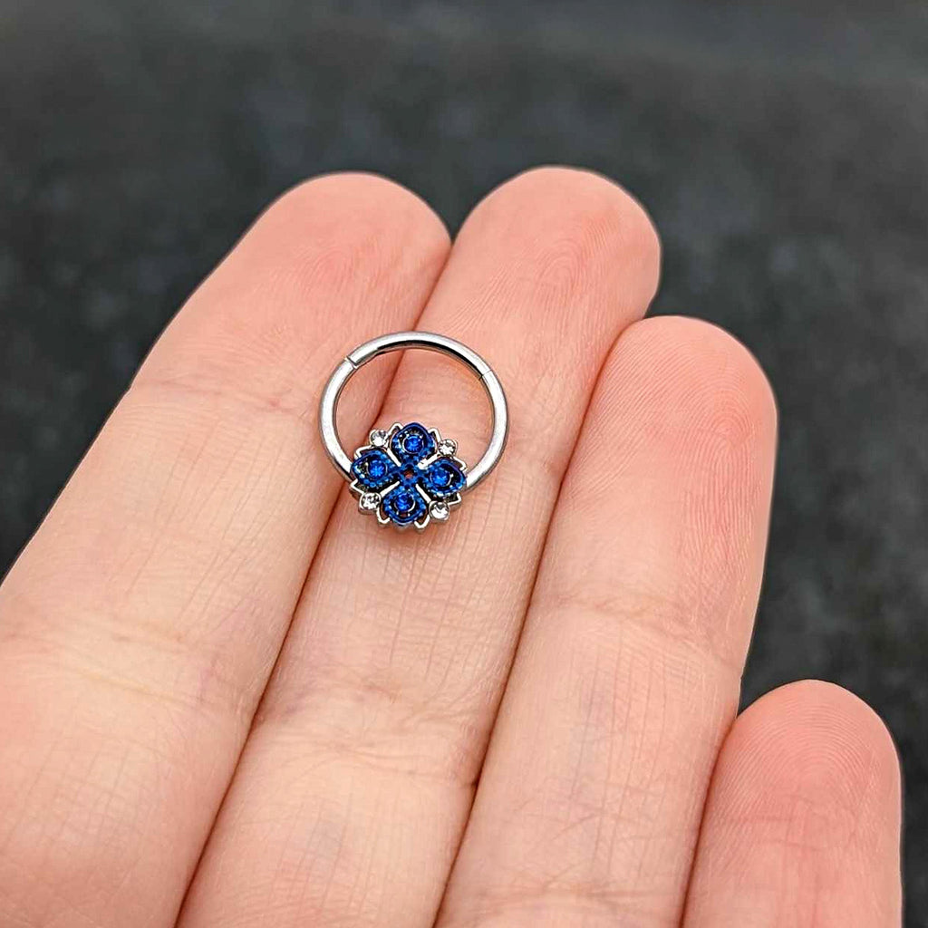 16G 3/8 Blue Clear Gem Embellished Cross Hinged Segment Ring
