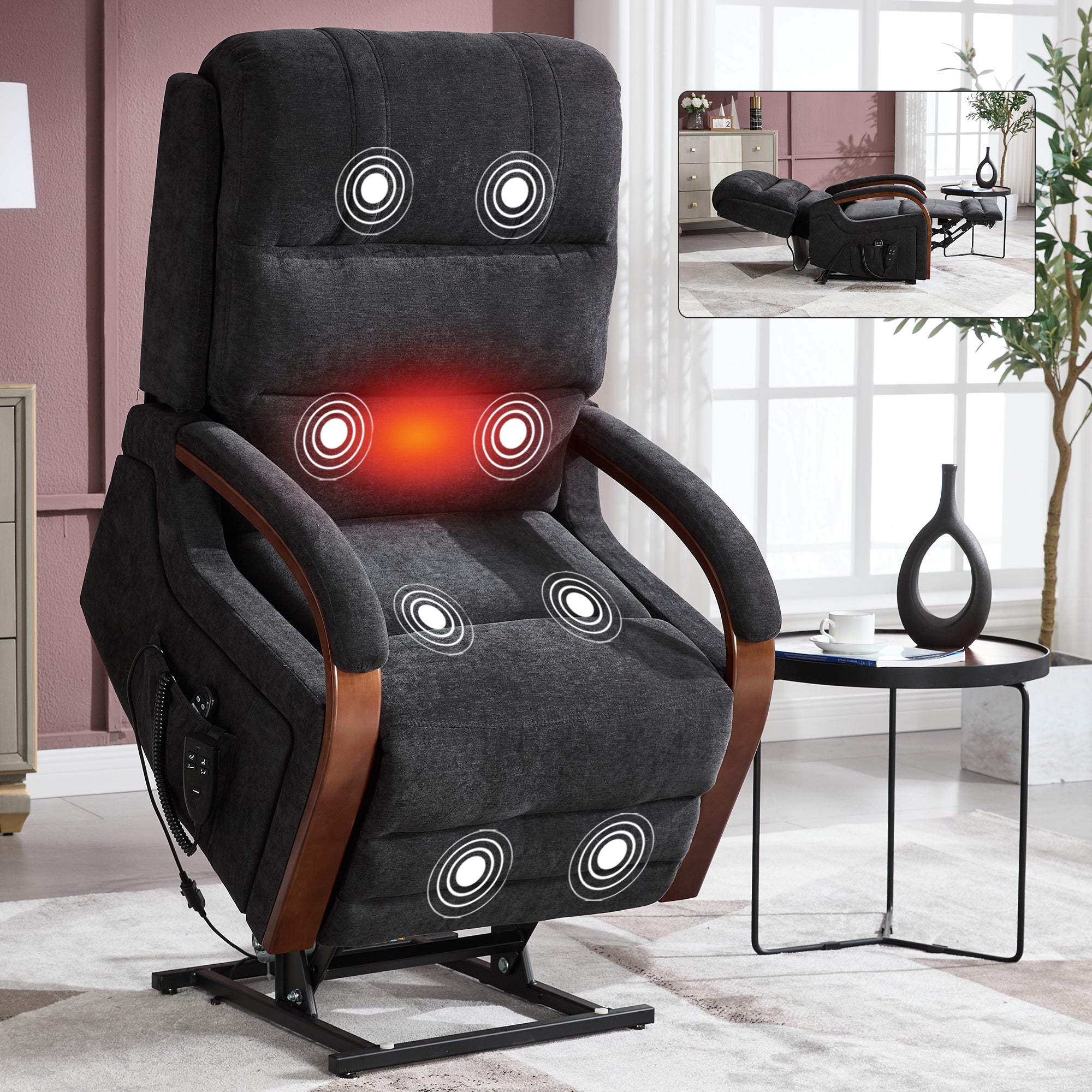 Power Black Chenille Lift Recliner Chair Dual Motor Infinite Position Up to 350 LBS with Solid Wood Armrests, Heat Massage and Heavy Duty Motion Mechanism