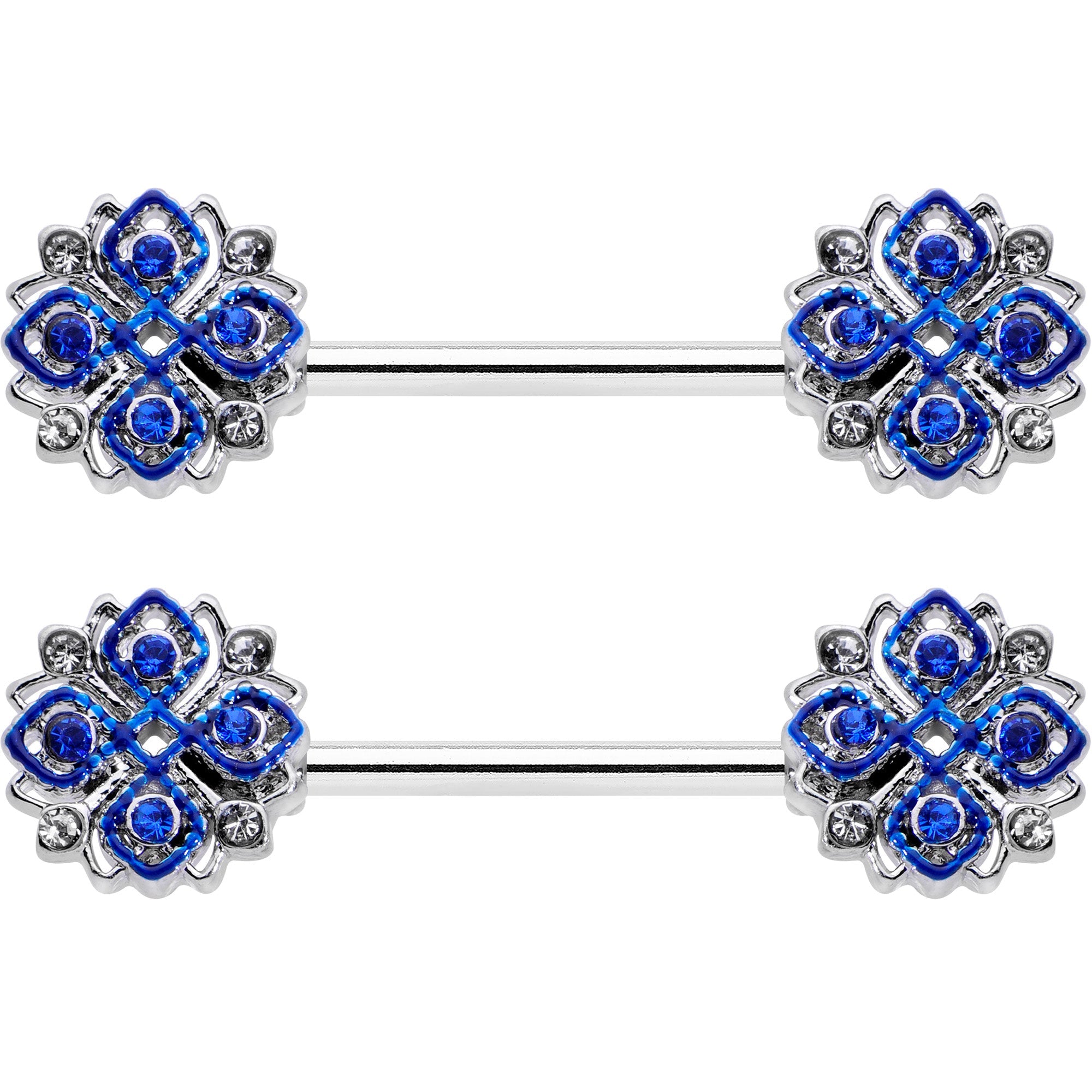 14G 9/16 Clear Blue Gem Embellished Cross Barbell Nipple Ring Set
