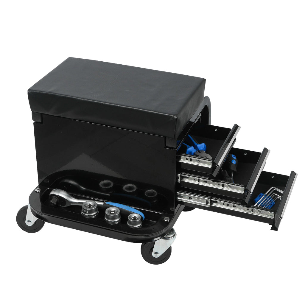 Rolling Creeper Garage Seat with 3 Built-in Drawers, Rolling Tool Chest for Shop or Garage(Black)