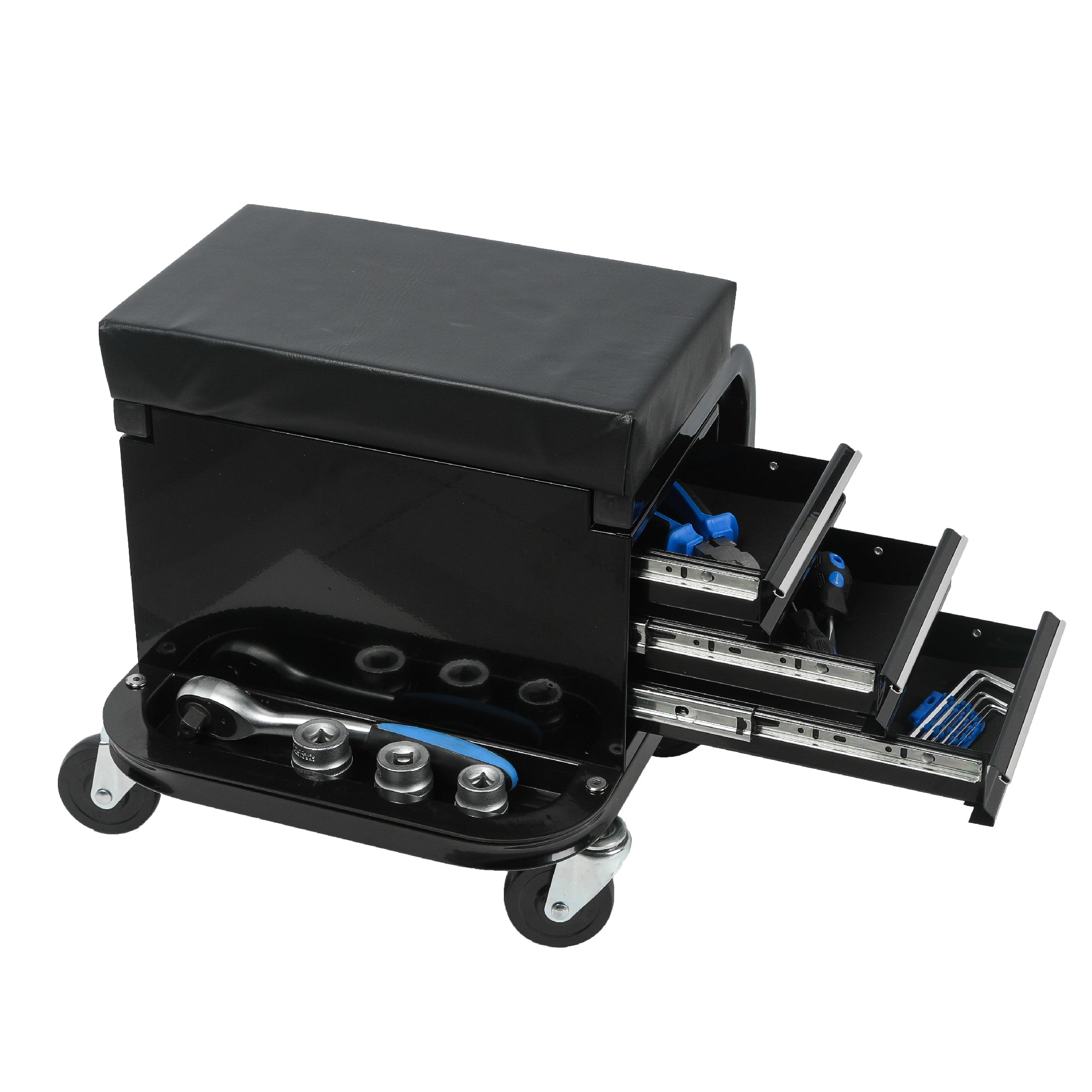 Rolling Creeper Garage Seat with 3 Built-in Drawers, Rolling Tool Chest for Shop or Garage(Black)