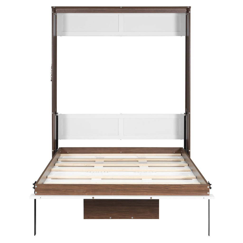 Full Size Murphy Bed with Foldable Desk – Space Saving Wall Bed - Walnut & White